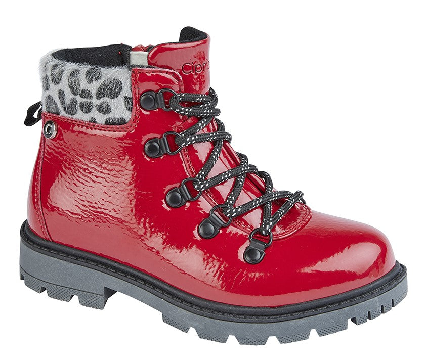 red patent hiking-style ankle boots with grey and black animal print ankle cuff