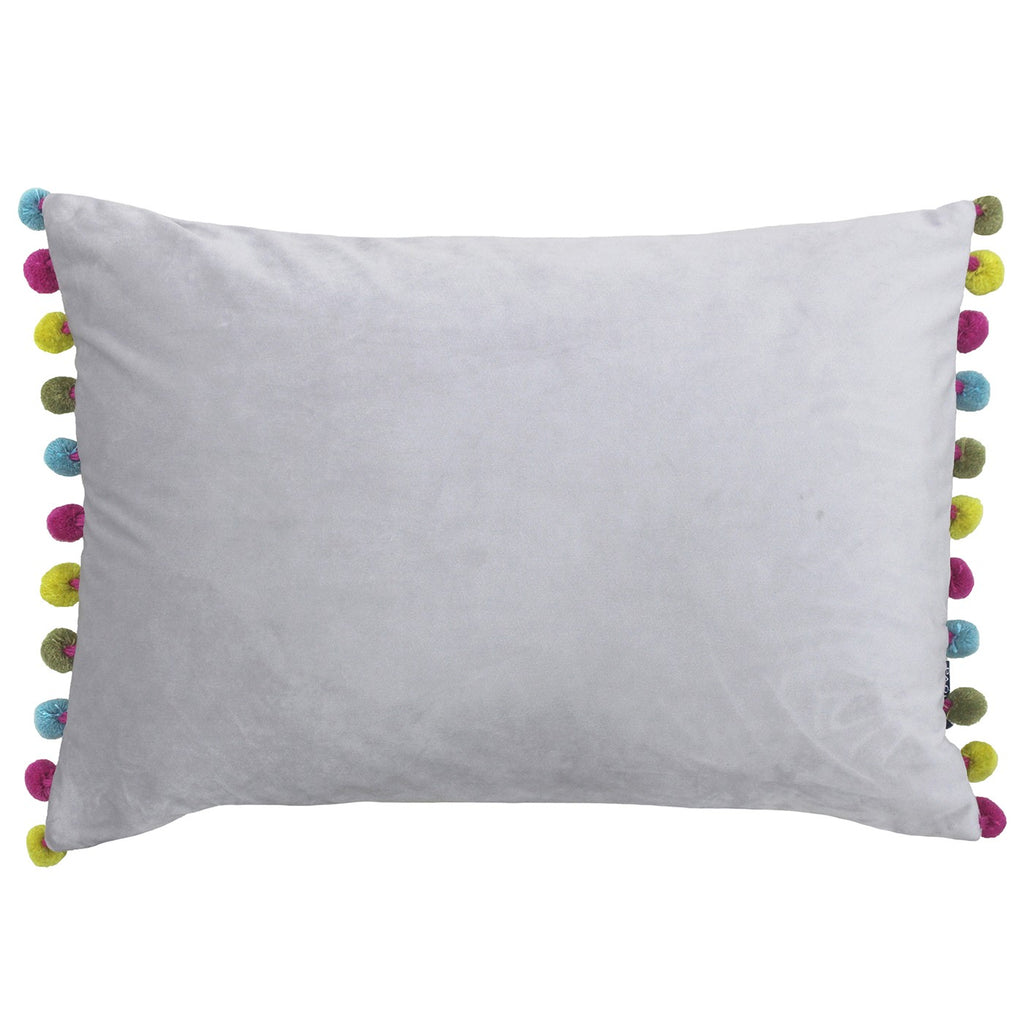 Rectangular cushion in a beautiful pale grey colour with a bright, multicolour pom pom trim on the short sides