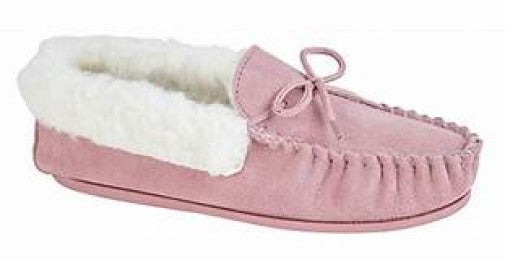 Pink Fur Lined Ladies Slippers Suede Moccasin