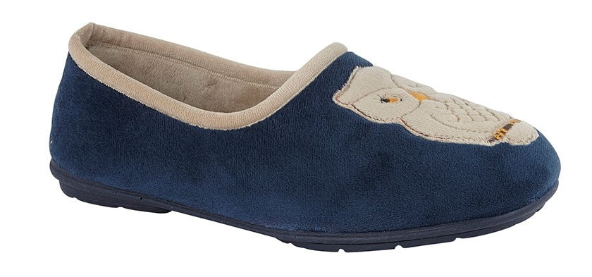navy blue slippers with beige trim and beige owl patch