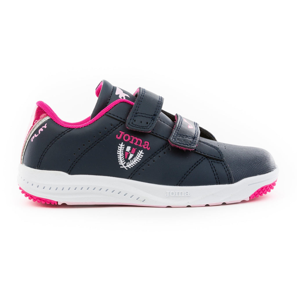 Navy leather runner shoe from Joma with neon pink detailing and two velcro straps