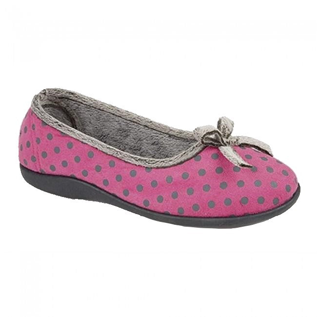 Pink and Grey Polka Dot Ladies Slippers with a Grey Bow Detail