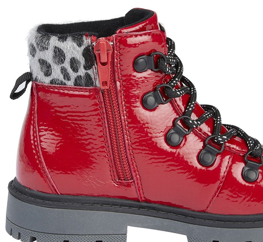 red patent hiking-style ankle boots with grey and black animal print ankle cuff