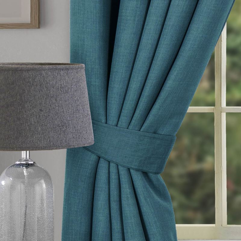 teal curtains with tie back