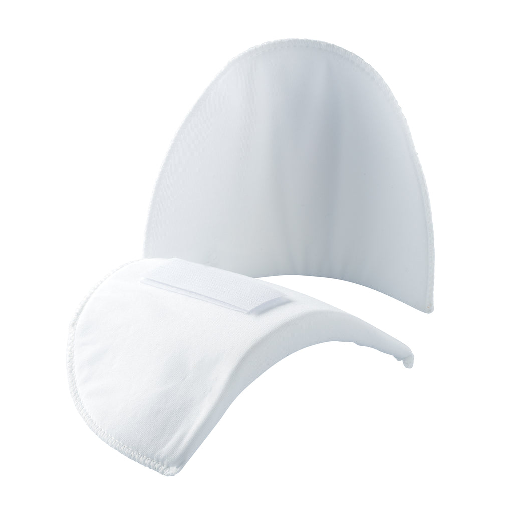 2 white crescent-shaped shoulder pads with velcro strip