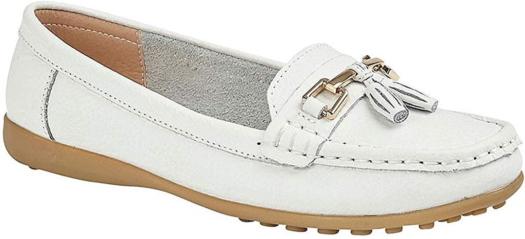 White Leather Ladies Loafers with a Tassel 