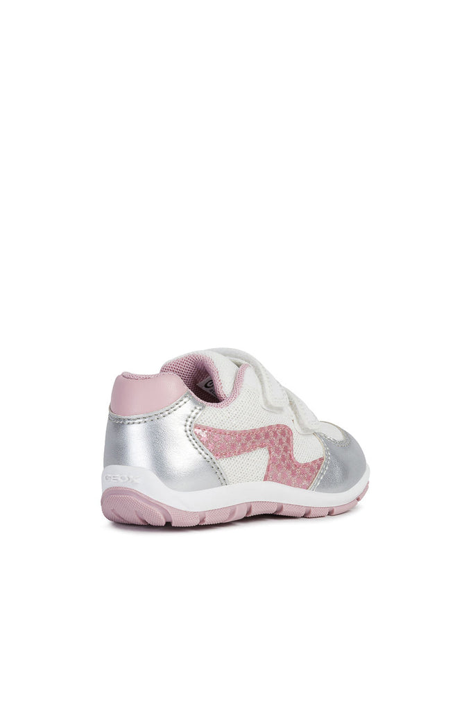 Girl's white runner from Geox with pink and silver accents and double velcro strap.