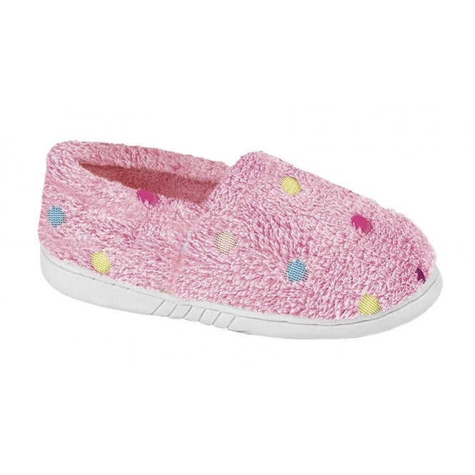 Fuzzy pink slip on slippers with multicoloured polka dots.